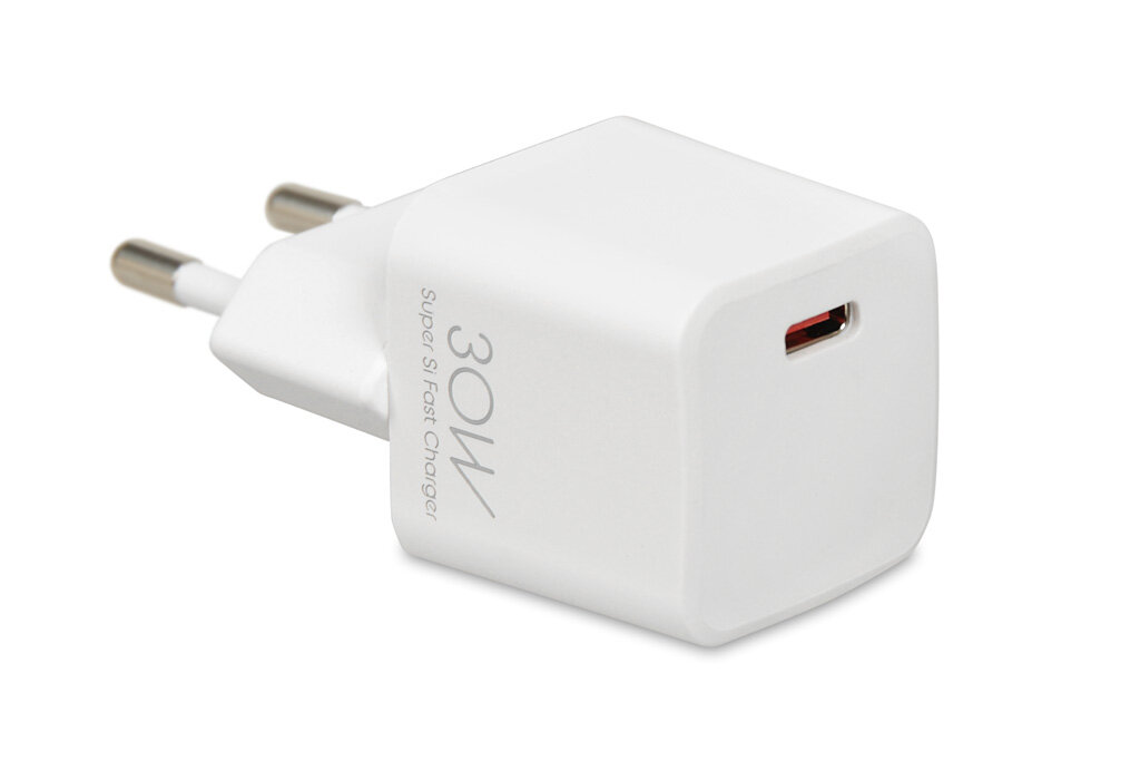 Ładowarka sieciowa Ibox C-38 PD30W USB-C z kablem od boku po skosie z widocznym interfejsem