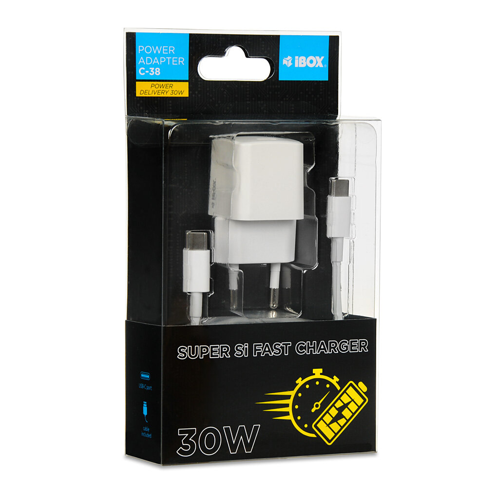 Ładowarka sieciowa Ibox C-38 PD30W USB-C z kablem w opakowaniu na białym tle