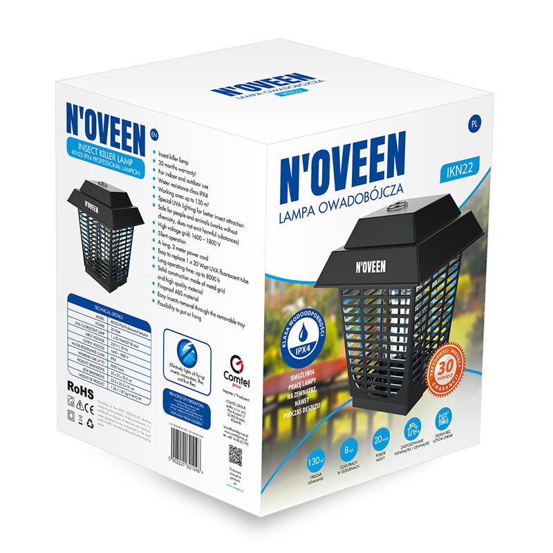 Lampa owadobójcza NOVEEN IKN22 IPX4 Professional Lampion 22W czarna widok pod kątem na opakowanie