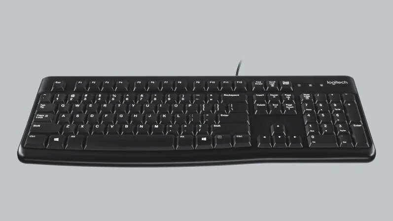 Klawiatura Logitech K120 920-002479 czarna widok od przodu na szarym tle