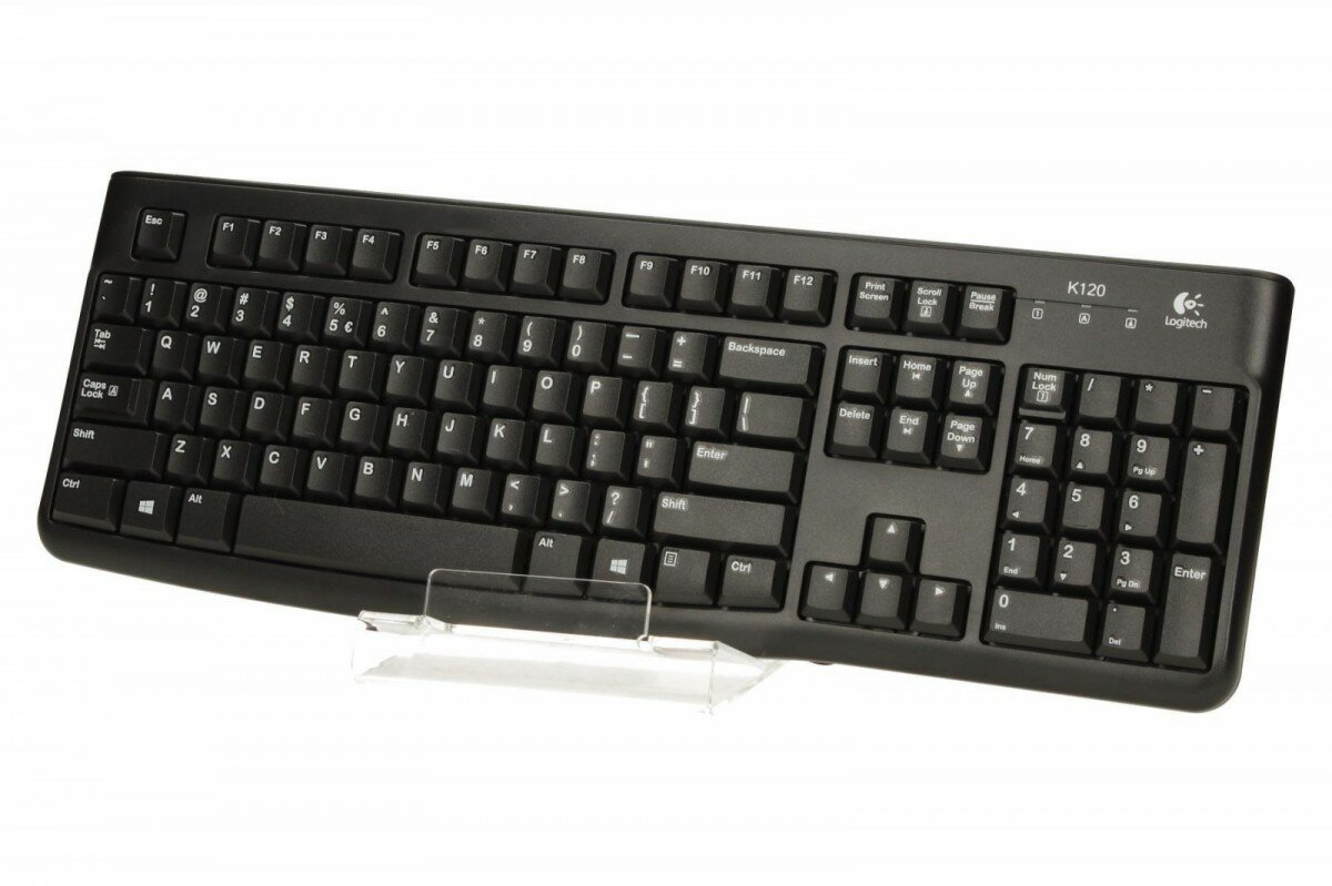 Klawiatura Logitech K120 920-002479 czarna na podstawce, widok pod skosem