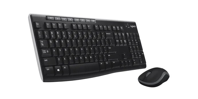 Zestaw bezprzewodowy klawiatura + mysz Logitech MK270 czarny widok na klawiaturę i mysz pod skosem