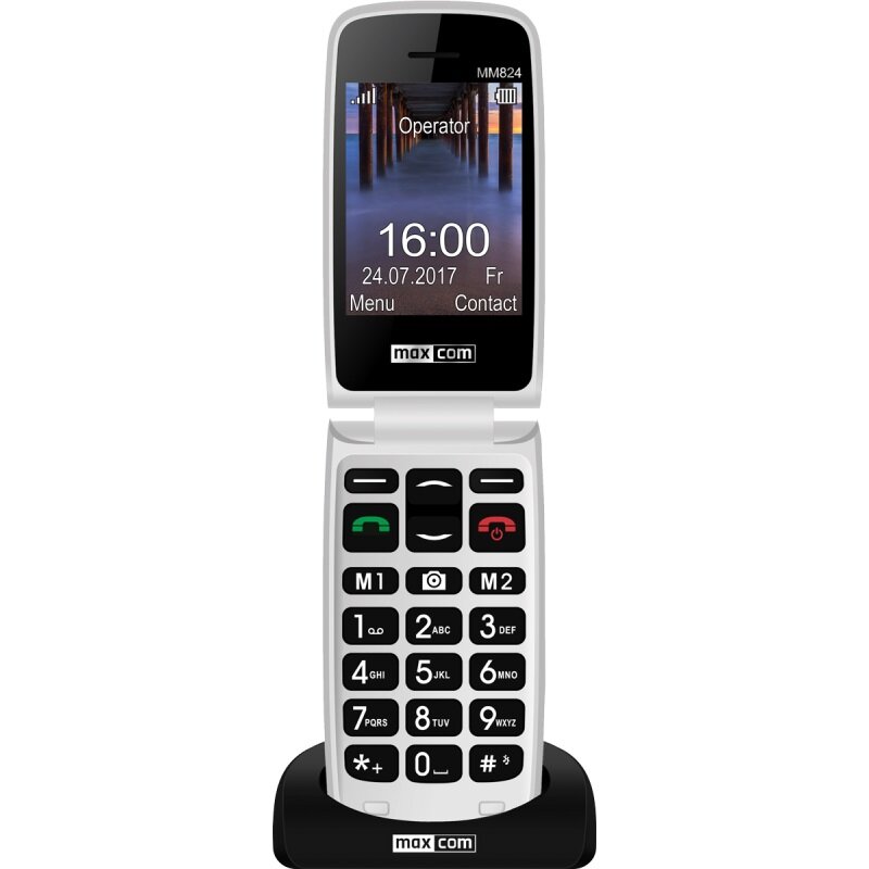 Telefon Maxcom MM824BB Czerwony od frontu w podstawce