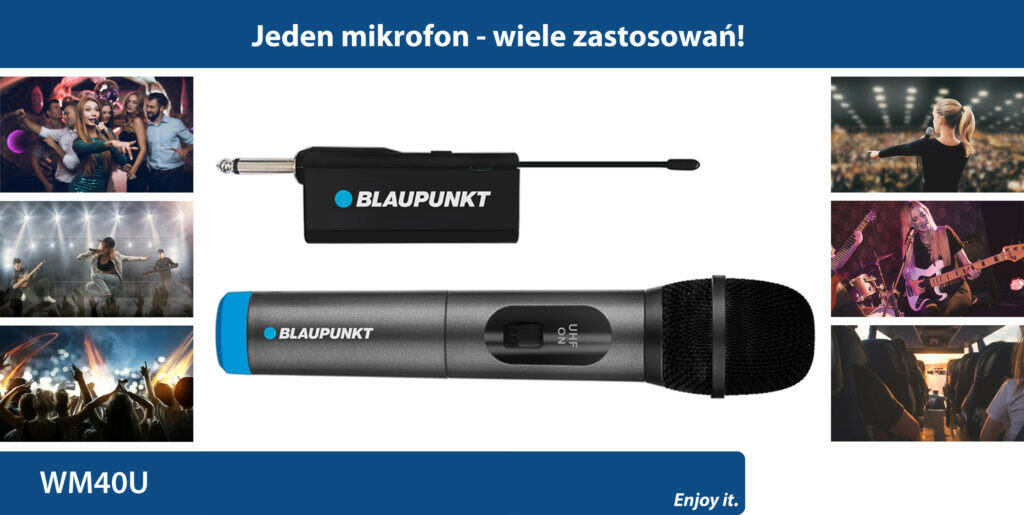 Mikrofon bezprzewodowy Blaupunkt UHF WM40U od boku na tle grafik z koncertów