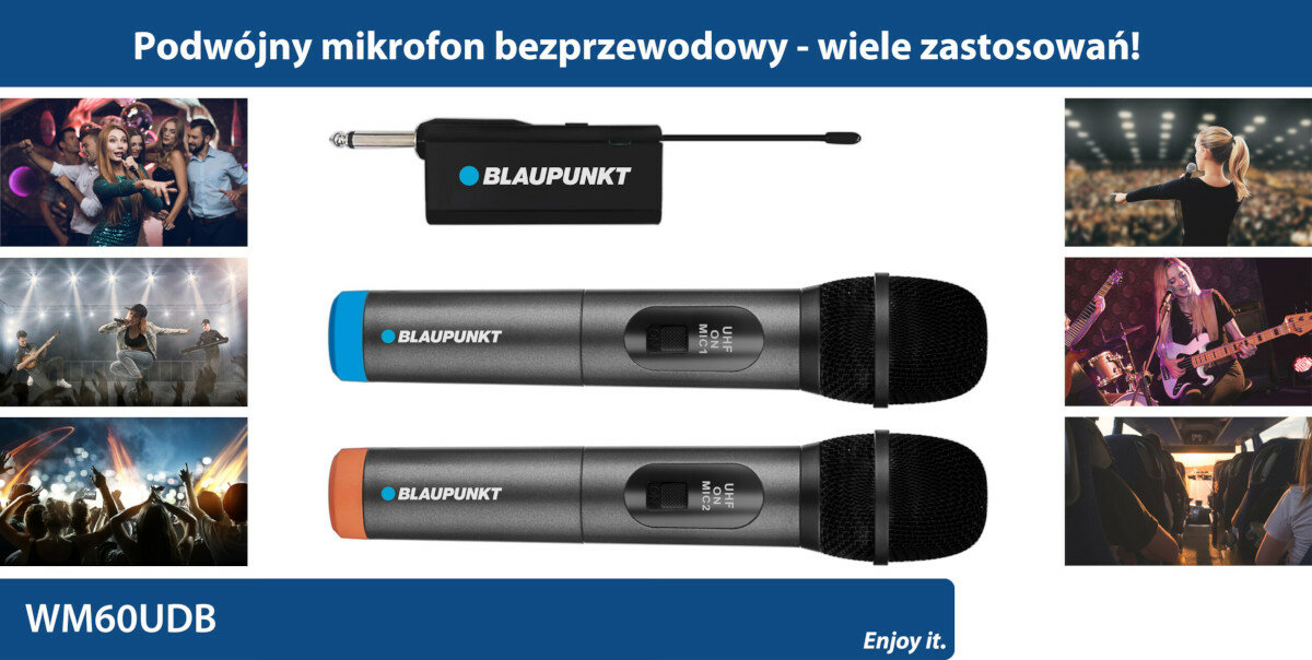 Mikrofony bezprzewodowe Blaupunkt UHF WM60UDB bokiem na białym tle z obrazami z koncertu wokół