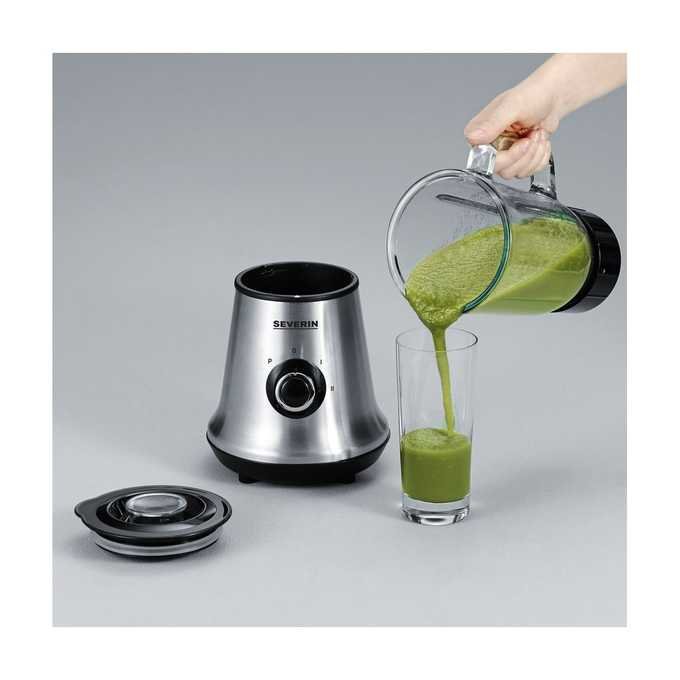 Blender kielichowy Mix and Go SEVERIN SM 3737 500W Czarno-srebrny widok pod kątem na blender ze zdjętą pokrywą