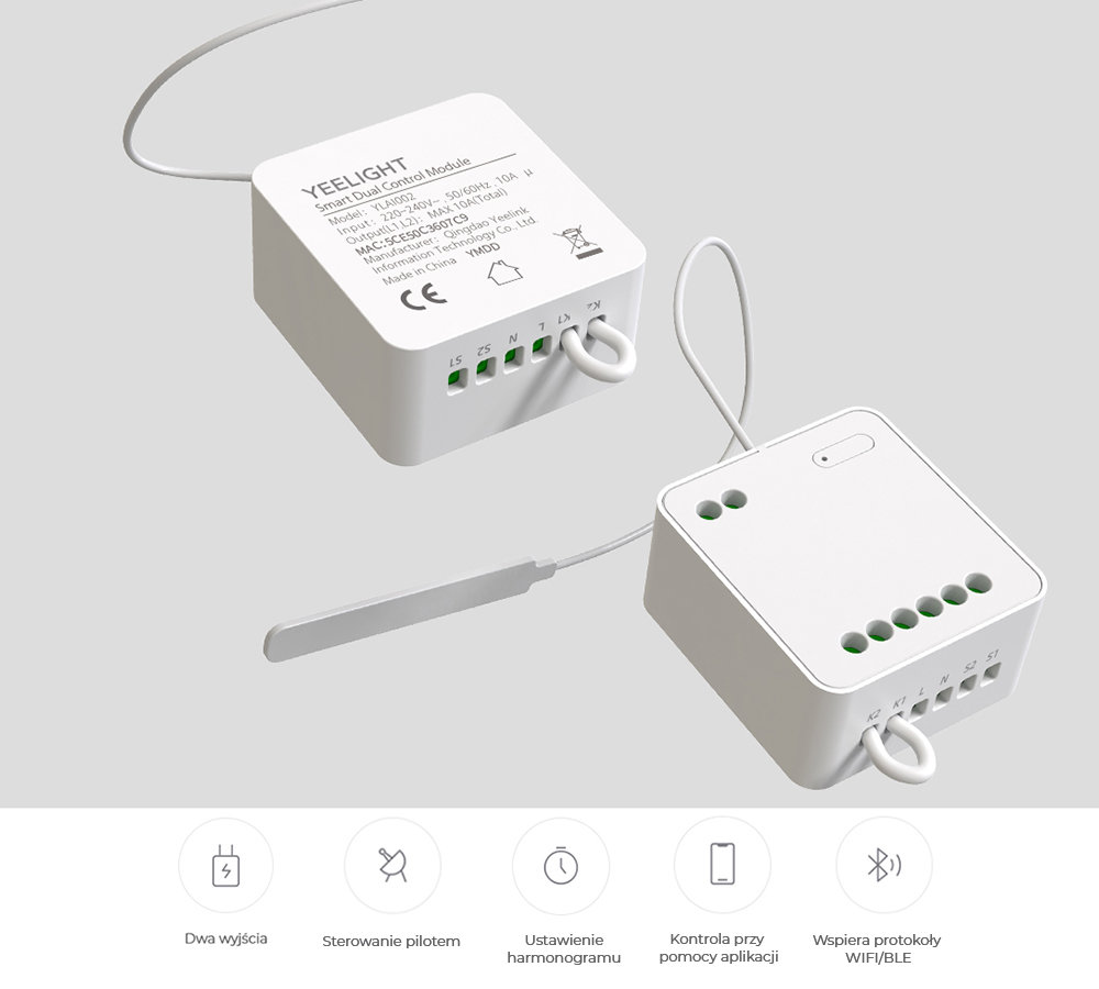 Moduł przekaźnikowy Yeelight Smart Dual Control Module widok urządzenia od przodu i z tyłu