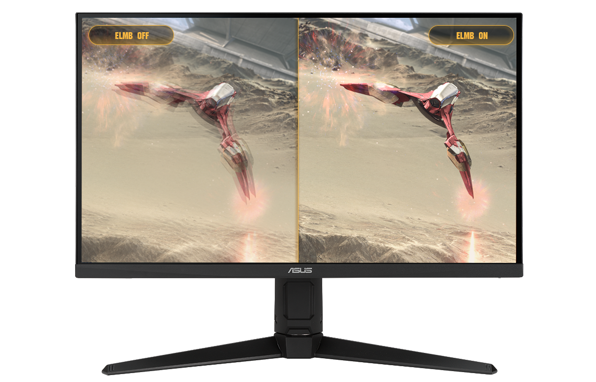 Monitor ASUS TUF GAMING VG279QL1A czarny porównanie obrazu wyświetlanego w Technologii ASUS Extreme Low Motion Blur Extreme i bez niej