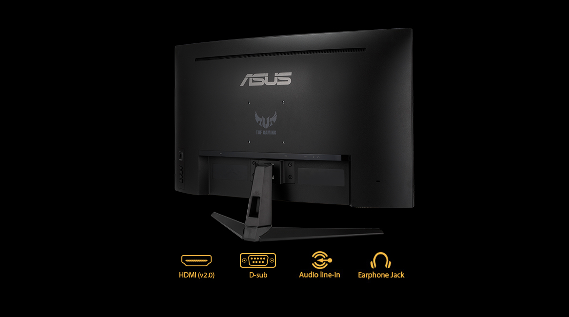 Monitor gamingowy ASUS TUF Gaming VG27VH1B czarny widok na tył schematyczne przedstawienie rozmieszczenia złącz