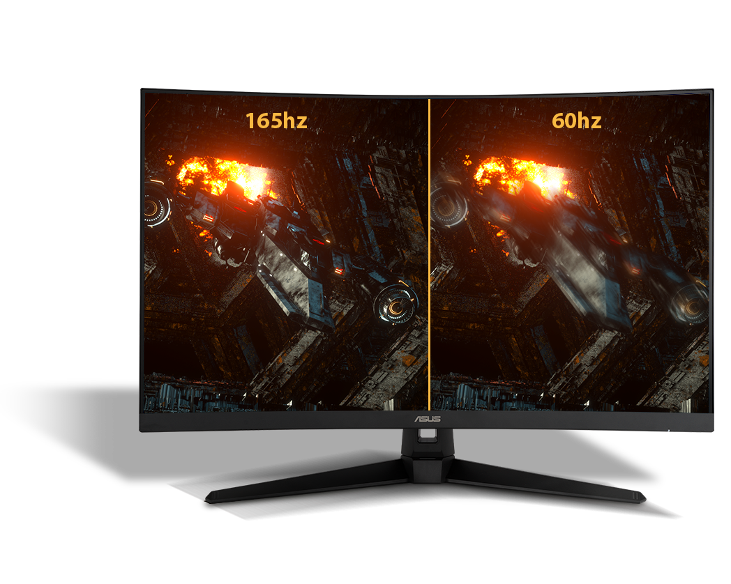 Monitor gamingowy ASUS TUF GAMING VG328H1B czarny wizualizacja różnicy w szczegółowości obrazu wyświetlanego na ekranie o odświeżaniu 60 Hz i 165 Hz widok na ekran od przodu