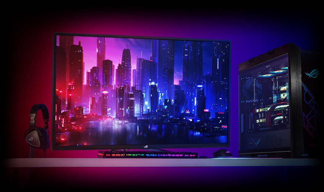 Monitor ASUS ROG Strix XG438Q 42,5 4K 3xHDMI DP 2xUSB 3.0 głośniki czarny widok od przodu na monitor z włączonym aura sync