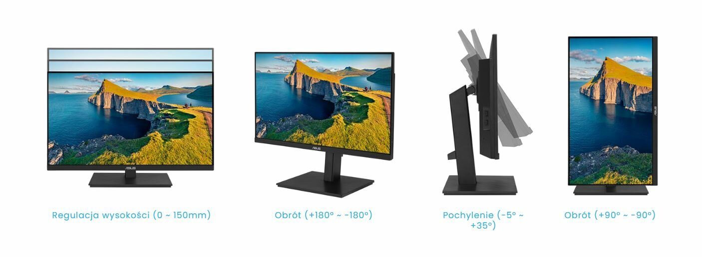 Monitor Asus VA27ECPSN 27 cztery opcje ustawienia położenia ekranu monitora