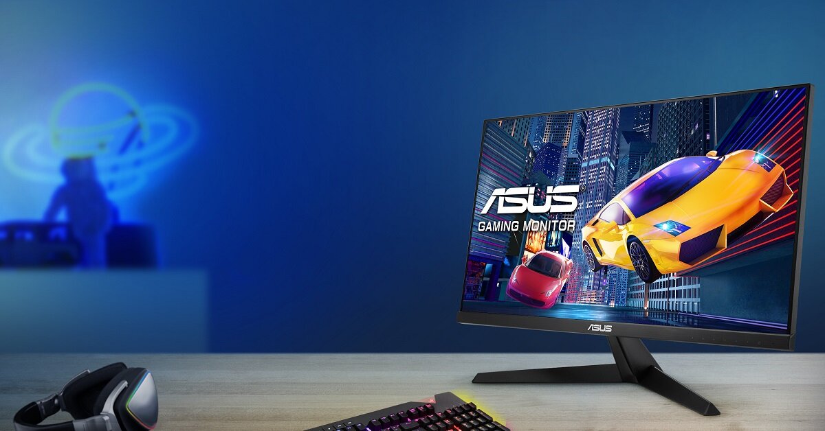 Monitor Asus VY249HGE IPS monitor na biurku z klawiaturą i słuchawkami