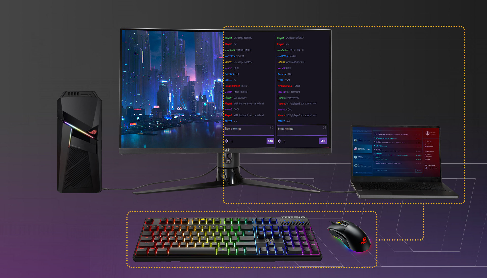 Monitor gamingowy ASUS ROG Strix XG32VC czarny widok od przodu na ekran i urządzenia peryferyjne wizualizacja działania przełącznika KVM