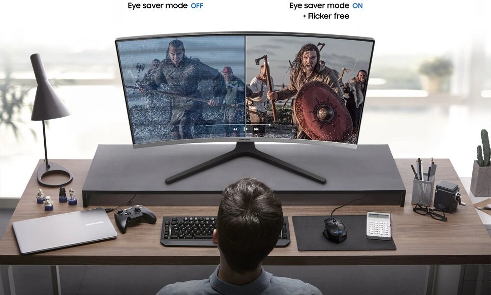 Monitor Samsung LC32R500FHPXEN grafika przedstawia działanie trybu zredukowanej emisji światła niebieskiego na monitorze