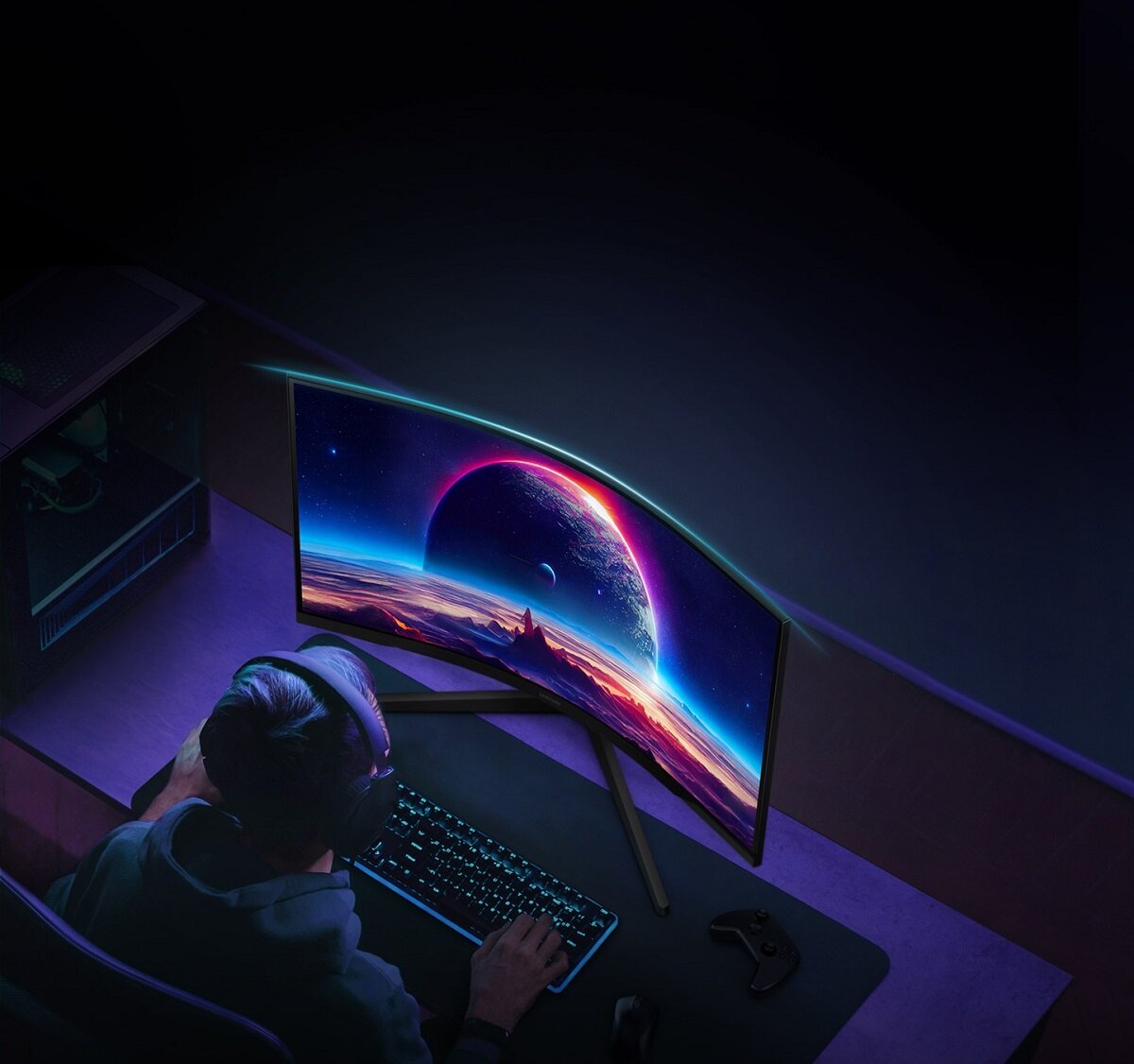 Monitor Samsung Odyssey G5 32 165Hz zakrzywiony grafika przedstawia mężczyznę grającego przy komputerze