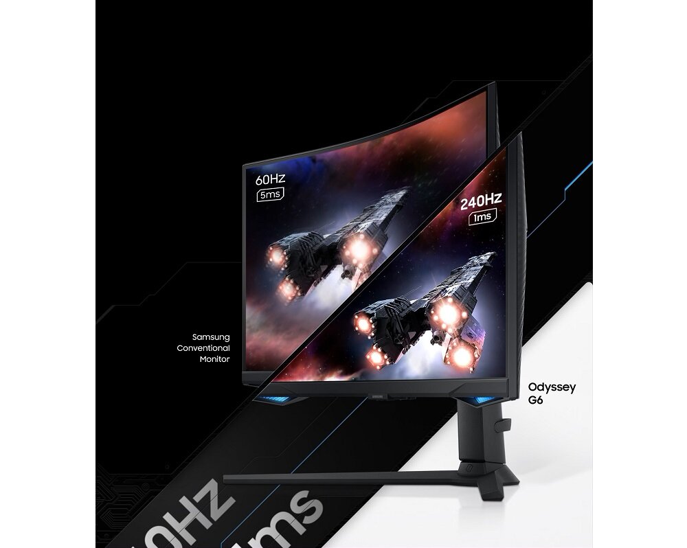 Monitor Samsung Odyssey G6 LS32BG650EUXEN porównanie grafiki na standardowym monitorze Samsung z grafiką na monitorze Samsung Odyssey G6 stojącym pod skosem w lewo