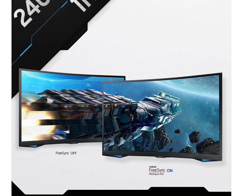 Monitor Samsung Odyssey G6 LS32BG650EUXEN widok na ekran monitora z wyłączoną funkcją FreeSync oraz ekran z włączoną funkcją FreeSync