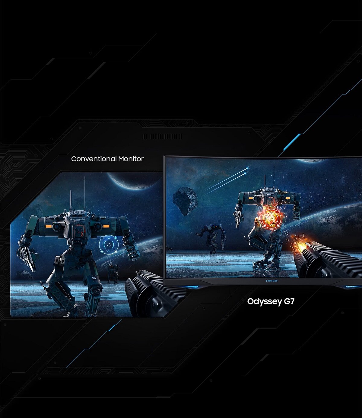 Monitor Samsung Odyssey G7 LC27G75 27 widok z gry na monitorze Samsung Odyssey i widok z gry na konwencjonalnym monitorze