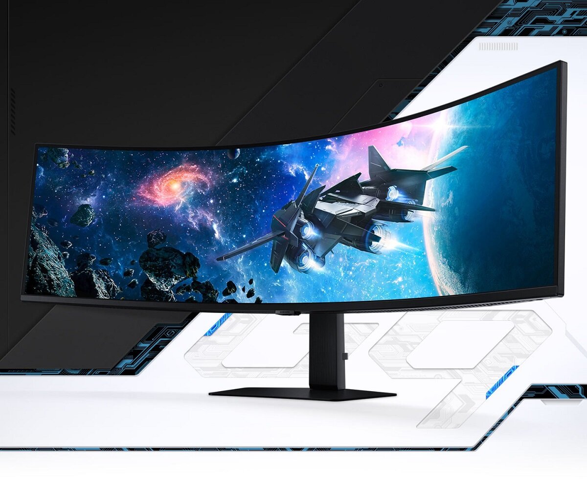 Monitor Samsung Odyssey G95C zakrzywiony przedstawiony od frontu z wyświetloną grafiką kosmosu