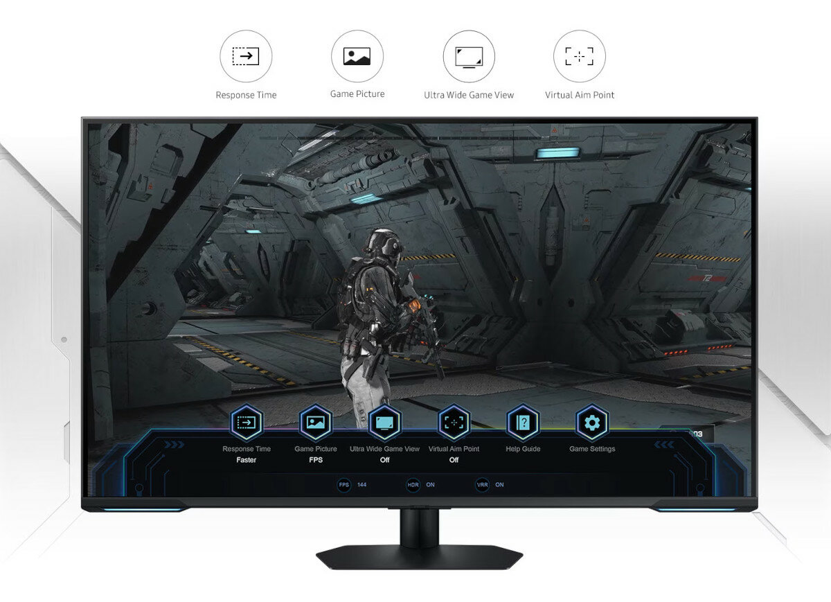 Monitor Samsung Odyssey Neo G70NC LS43CG700NUXEN od frontu pokazujący status gry bez konieczności wychodzenia z niej