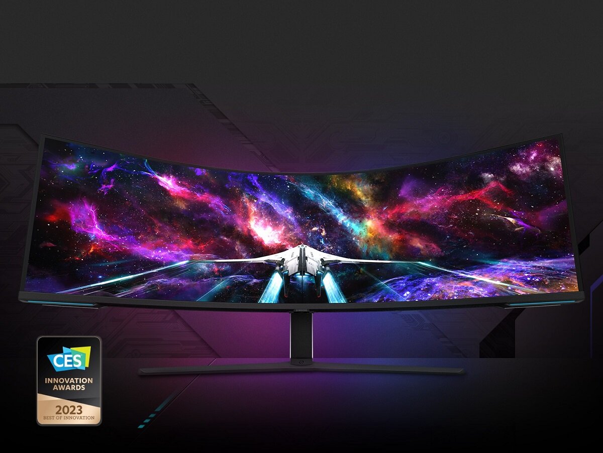 Monitor Samsung Odyssey Neo G9 57” zakrzywiony z wyświetlonym statkiem kosmicznym na ciemnym tle