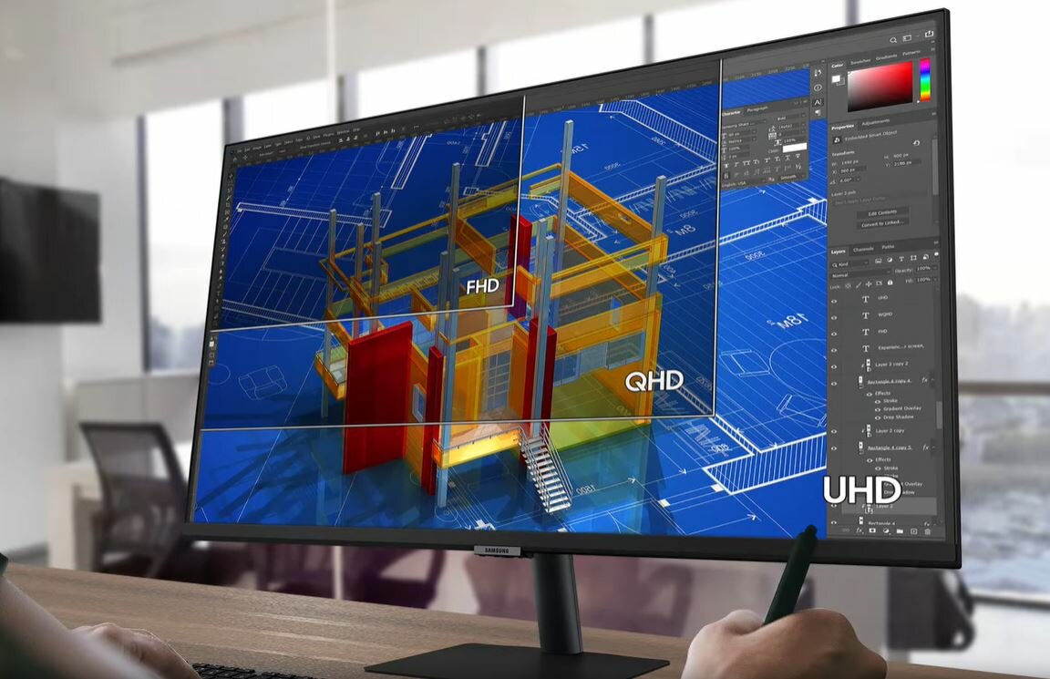 Monitor Samsung ViewFinity S70A 4K 27 widok pod skosem wyświetlający program graficzny