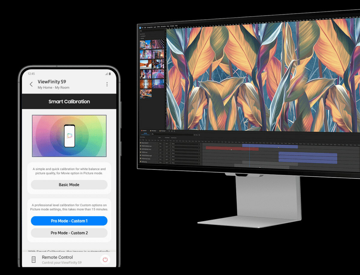 Monitor Samsung ViewFinity S90PC grafika przedstawia monitor pod lekkim skosem oraz smartfon na którym wyświetla się aplikacja do konfiguracji monitora