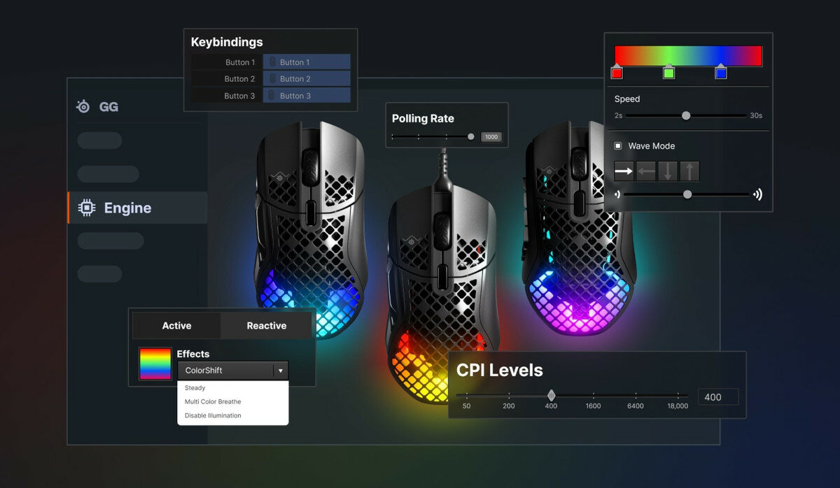 Mysz SteelSeries Aerox 5 Wireless widok na program SteelSeries Engine do zmieniania oświetlenia i CPI sensora myszy