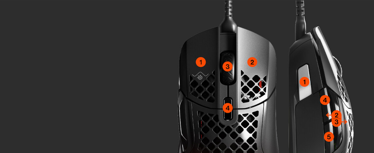 Mysz SteelSeries Aerox 5 od frontu i od boku z wyszczególnionymi wszystkimi przyciskami