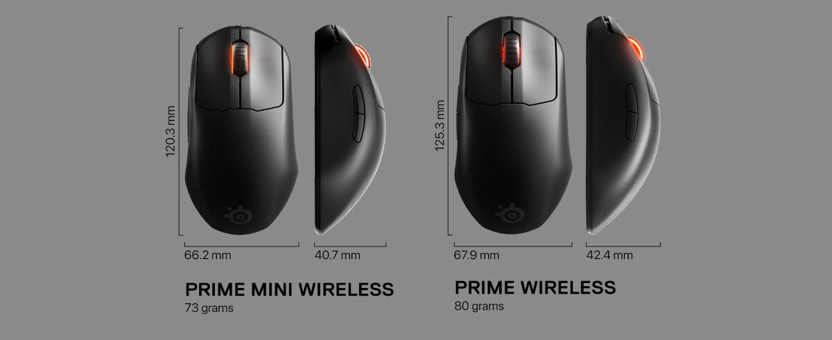 Mysz SteelSeries Prime Mini Wireless od frontu i boku z podanymi wymiarami myszy w wersji prime wireless i prime mini wireless