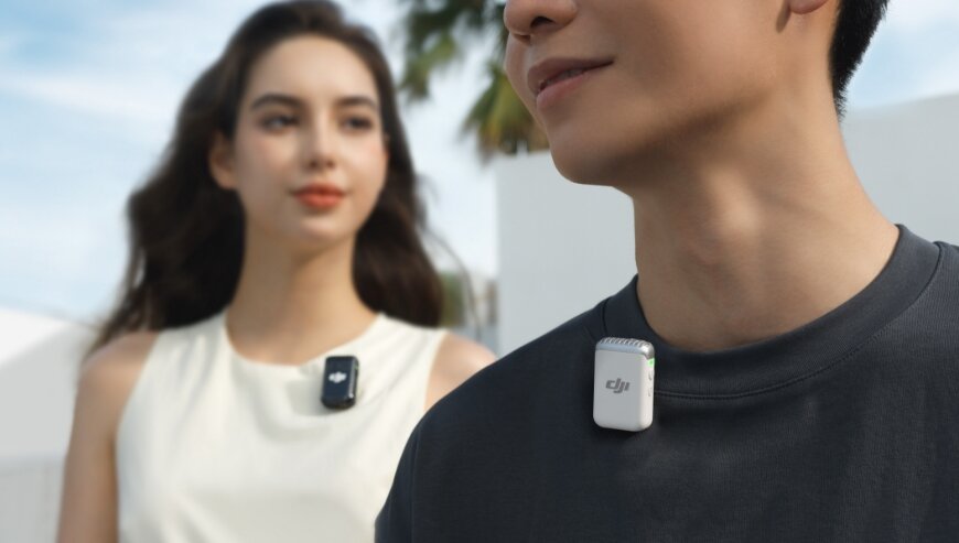 Nadajnik DJI Mic 2 grafika przedstawia nadajniki przymocowane do koszulek mężczyzny i kobiety