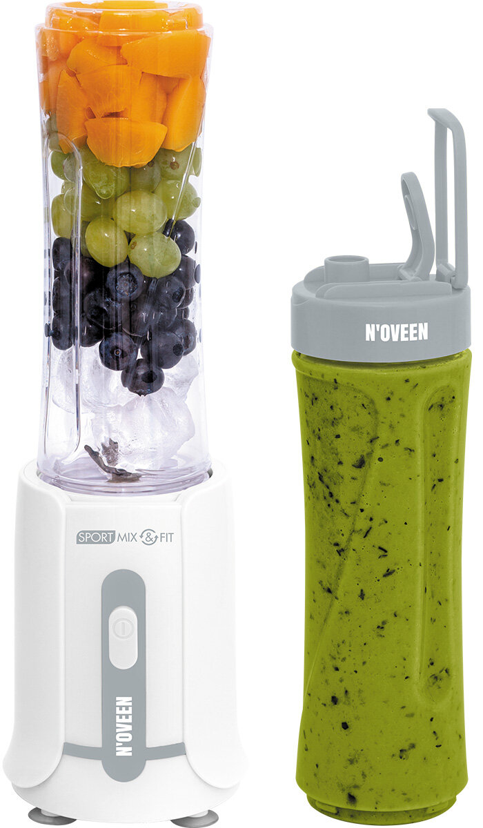 Blender NOVEEN Sport Mix & Fit SB230 300W szary widok na przód blendera i butelkę wypełnioną smoothie