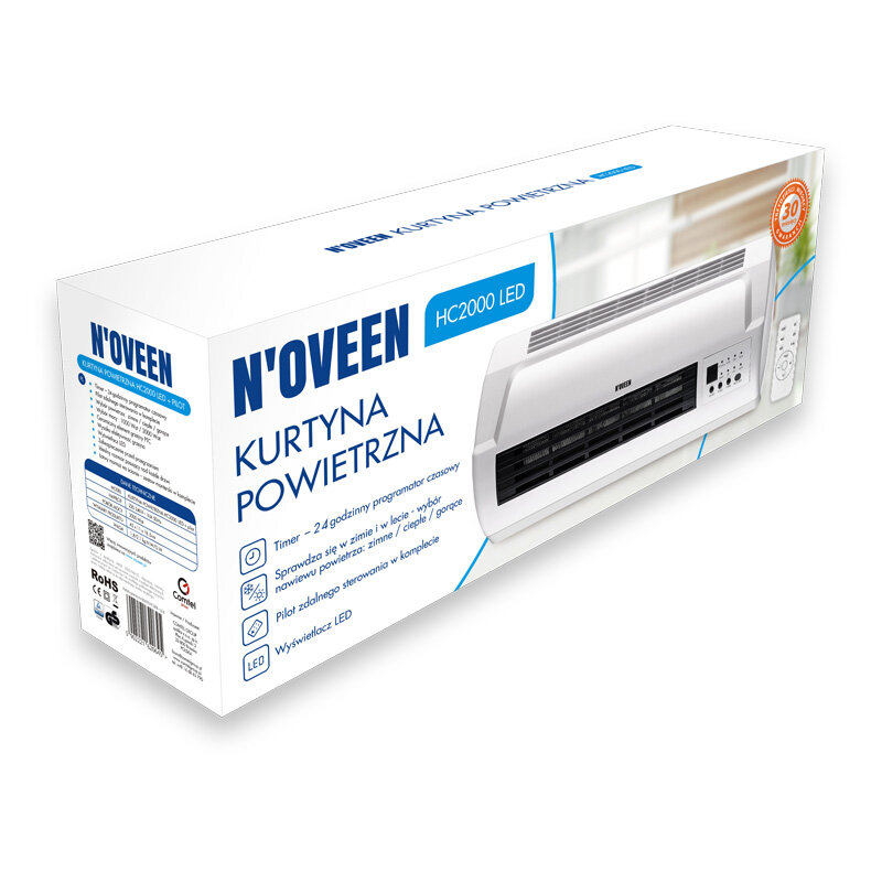 Kurtyna powietrzna NOVEEN HC2000 LED 2000 W biało-czarna widok pod kątem na opakowanie