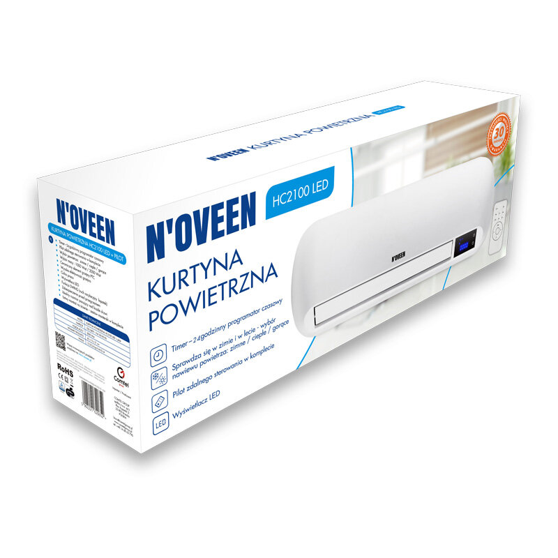 Kurtyna powietrzna NOVEEN HC2100 LED 2000 W biało-czarna widok pod kątem na opakowanie