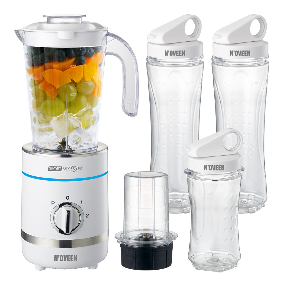 Blender NOVEEN Sport Mix & Fit SB2100 X-LINE 500W biały widok od przodu na zawartość zestawu