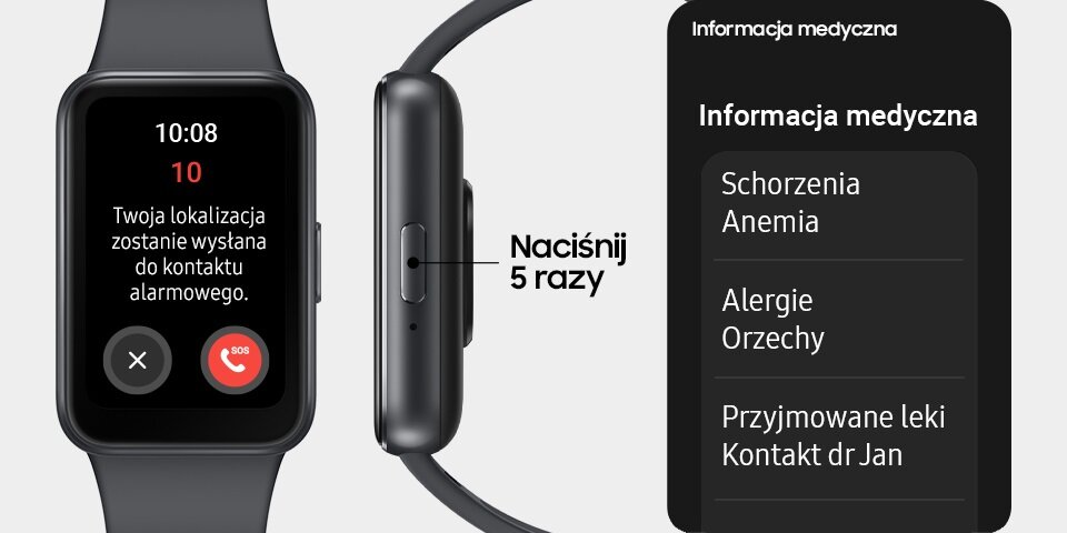 Opaska Samsung Galaxy Fit3 SM-R390 od frontu z włączoną na wyświetlaczu funkcją powiadamiania kontaktu alarmowego oraz widok na opaskę od boku z zaznaczonym przyciskiem Home