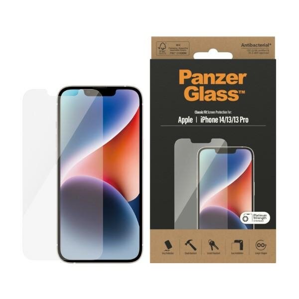 Szkło hartowane PanzerGlass Classic Fit do iPhone 14 / 13 Pro / 13 6,1'' antybakteryjne widok na front z opakowaniem