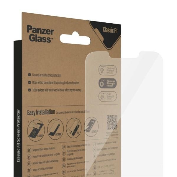 Szkło hartowane PanzerGlass Classic Fit do iPhone 14 / 13 Pro / 13 6,1'' antybakteryjne widok na tył opakowania i front szkła