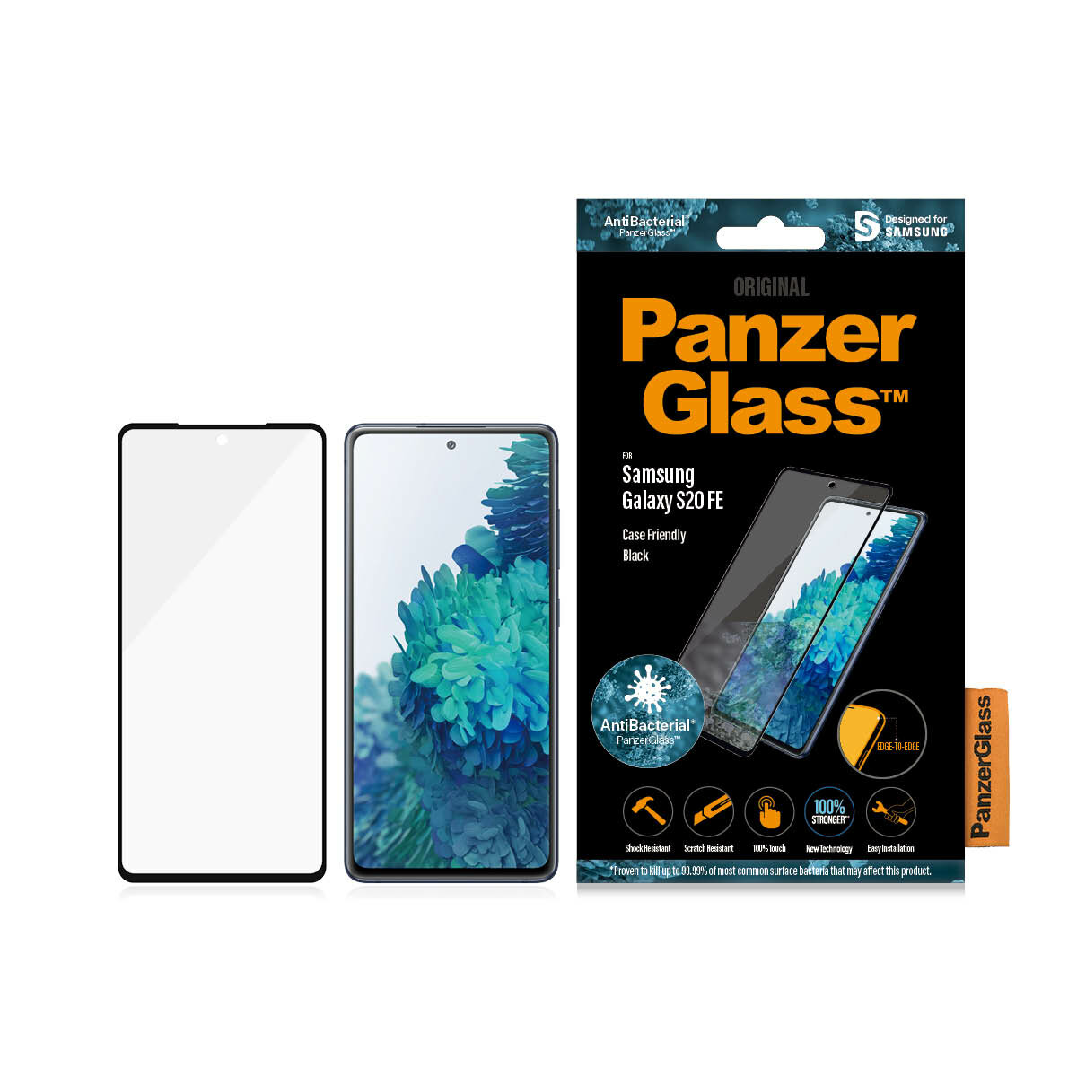 Szkło hartowane PanzerGlass E2E Microfracture Sam S20 FE G781 Case Friendly Finger Print AntiBacterial szkło hartowane, telefon i pudełko obok sieie, frontem