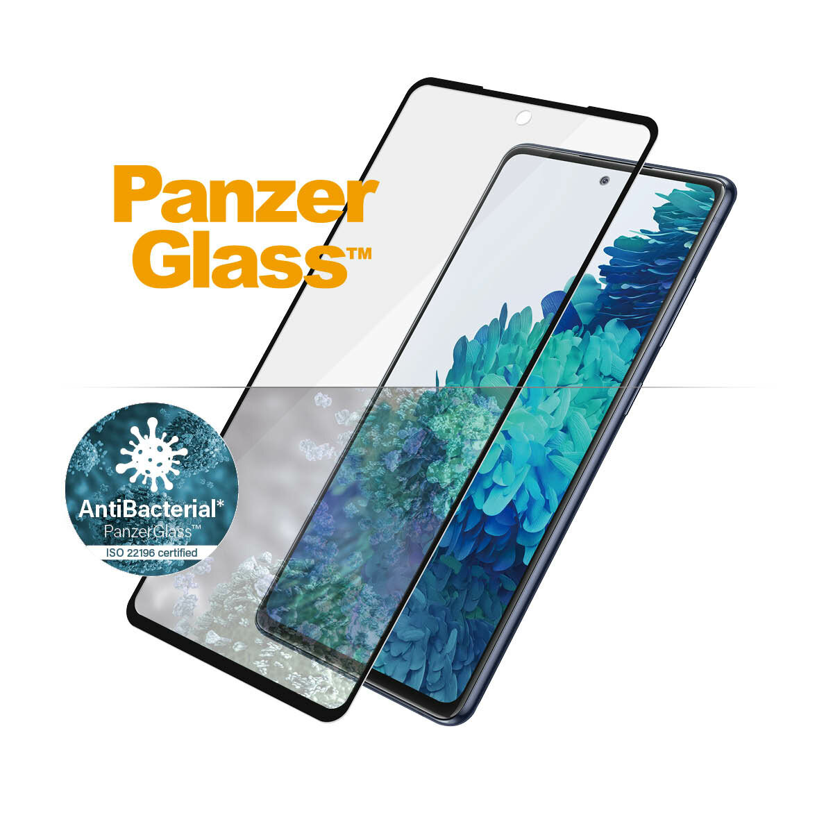 Szkło hartowane PanzerGlass E2E Microfracture Sam S20 FE G781 Case Friendly Finger Print AntiBacterial powłoka antybakteryjna wizualizacja działania