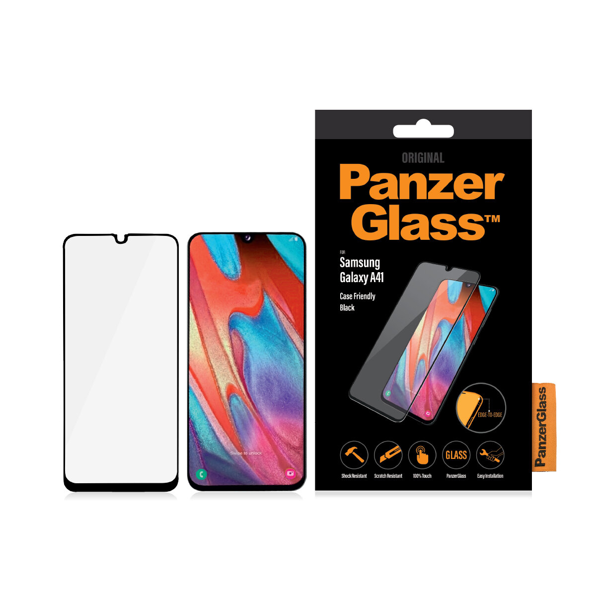 Szkło hartowane PanzerGlass E2E Regular Samsung A41 A415 Case Friendly szkło, telefon i pudełko obok siebie, frontem