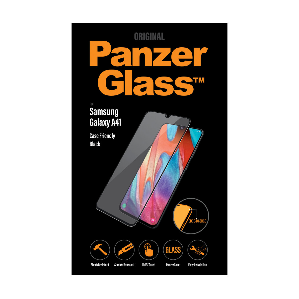 Szkło hartowane PanzerGlass E2E Regular Samsung A41 A415 Case Friendly pudełko pod kątem frontem