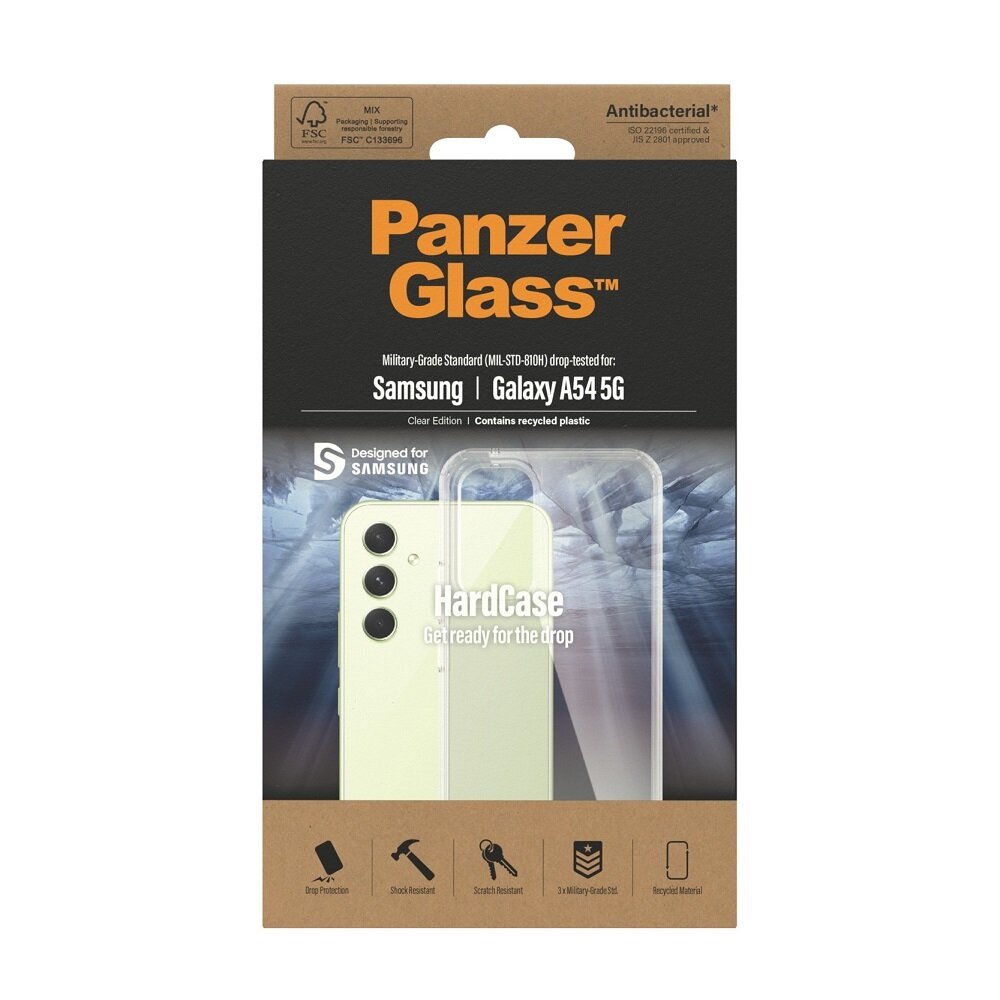 Etui PanzerGlass HardCase do Galaxy A54 przezroczyste widok od frontu na opakowanie produktu