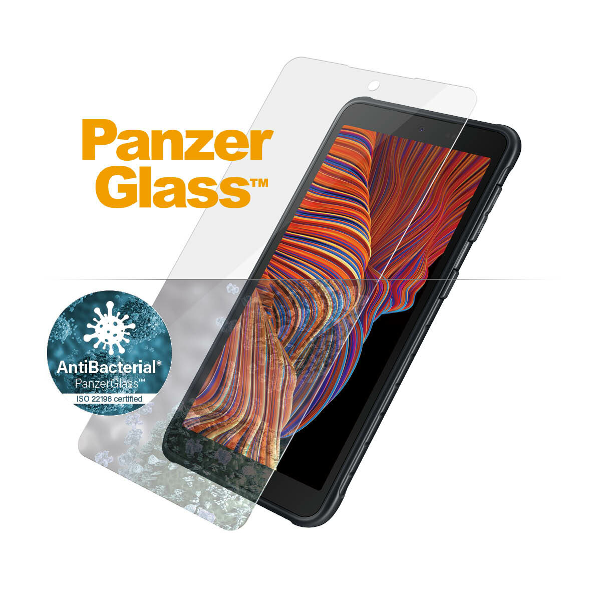 Szkło hartowane PanzerGlass Pro E2E Regular Xcover 5 G525 Antibacterial Case Friendly wizualizacja działania powłoki antybakteryjnej