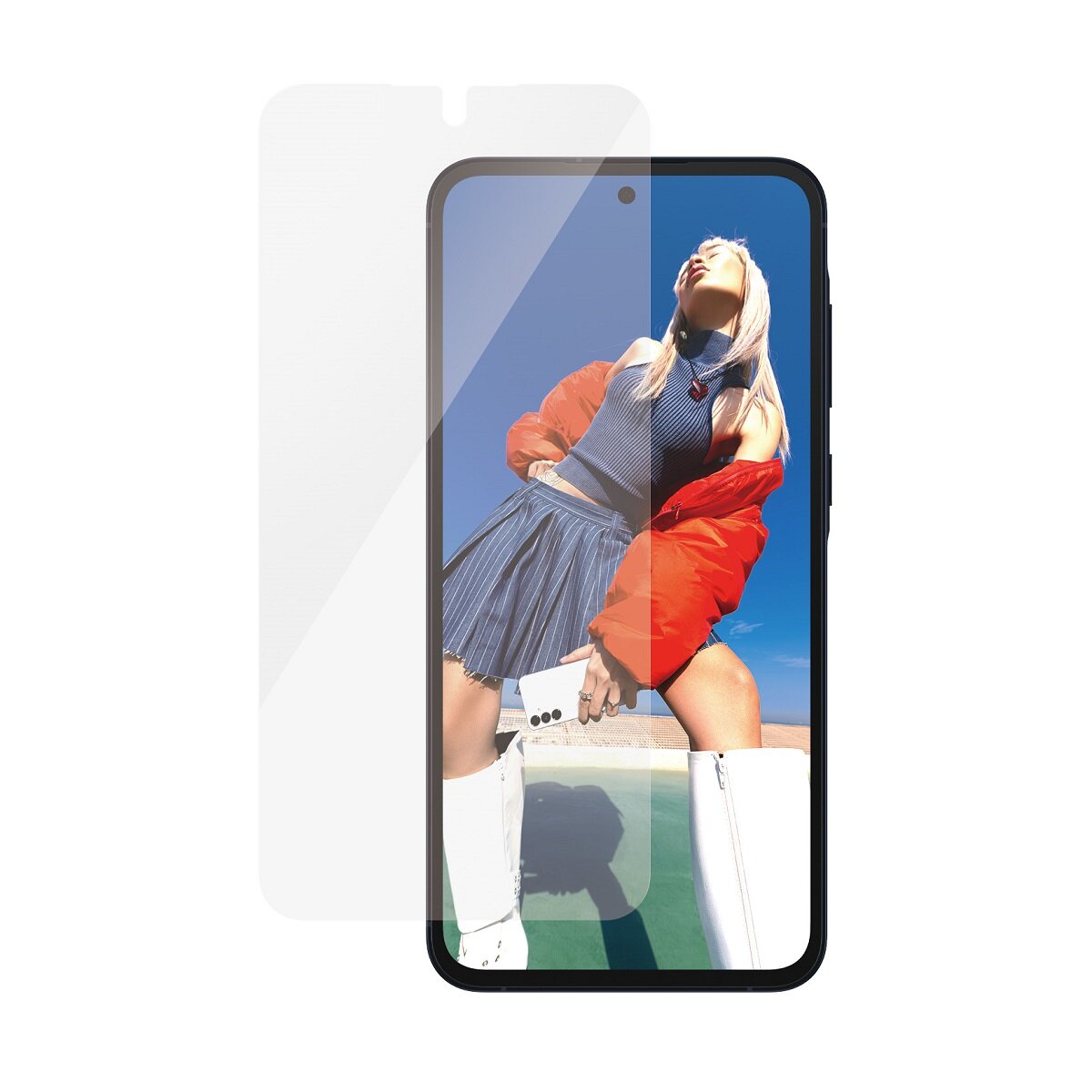 Szkło ochronne PanzerGlass Ultra-Wide Fit Galaxy A55 5G z telefonem od frontu