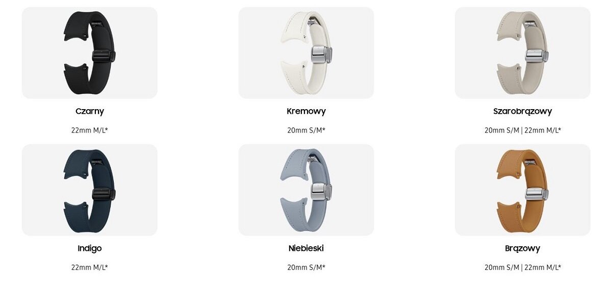 Pasek Samsung ET-SHR93 do Galaxy Watch 4/5/6 D-buckle ekoskóra S/M kremowy widok na różne kompozycje kolorystyczne