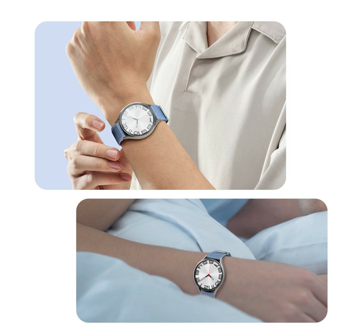 Pasek Samsung ET-SVR94 do Galaxy Watch 4/5/6 nylonowy M/L czarny widoczny na nadgarstku w pozycji pionowej oraz podczas snu