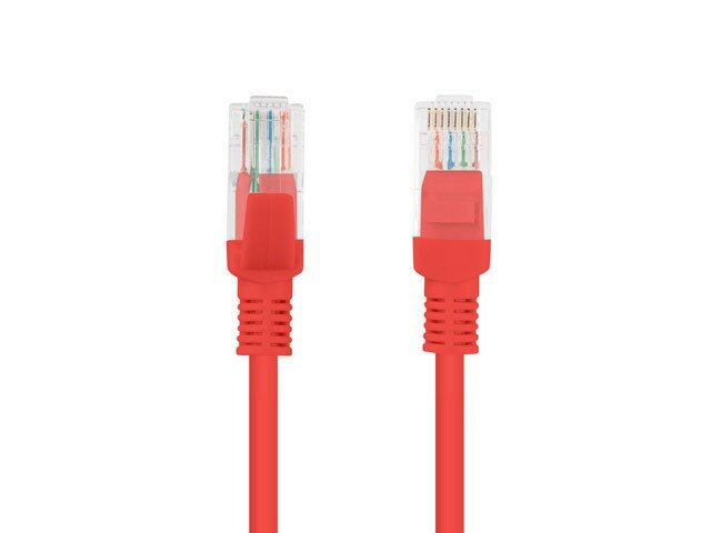 Kabel patchcord Lanberg PCU5-10CC-2000-R widok na dwie końcówki kabla od frontu