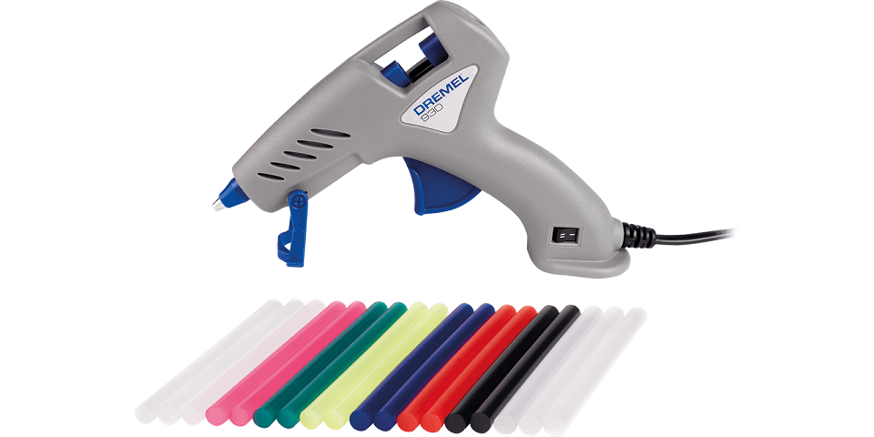 Pistolet do klejenia Dremel Glue Gun 930 Szary z boku wraz z klejami